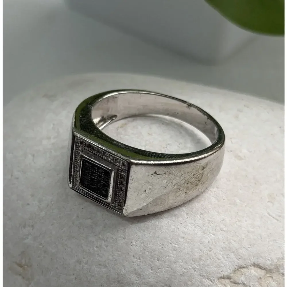 Men's 925 Sterling Silver White & Black Diamonds 0.17 ctw Ring Size 10